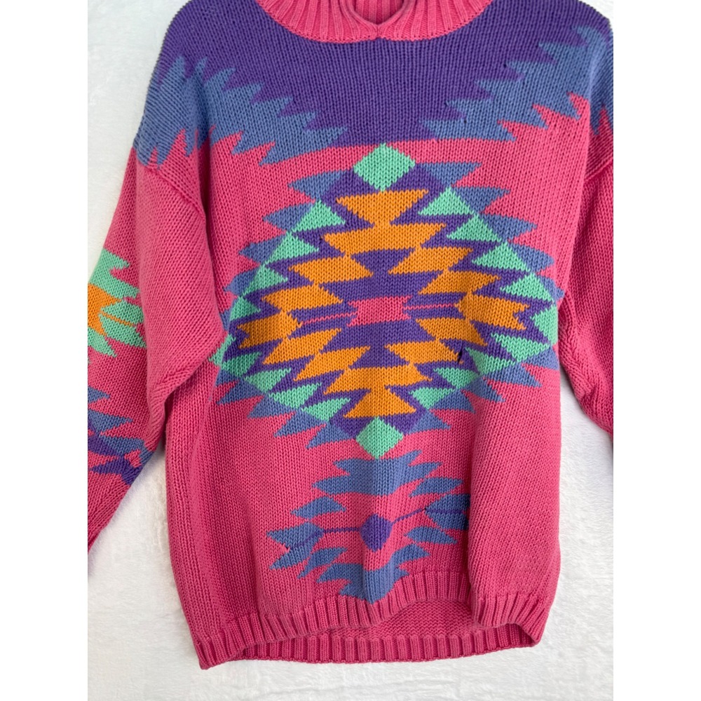 Vintage 1989 I.B. Diffusion Pink Geometric Intarsia Ramie Cotton Sweater Medium - Picture 3 of 10